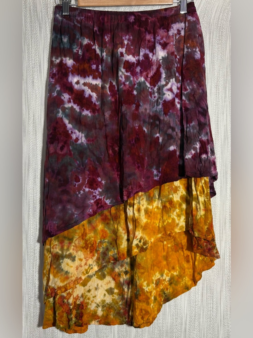 Boho High-Low Tie-Dye Skirt in Burgundy and Mustard